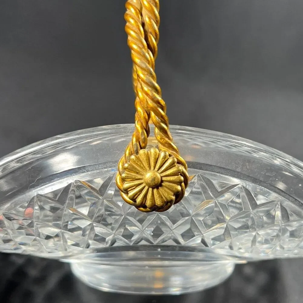 Mid Century Cut Crystal Basket Dish, Roped Brass Handle, Candy Trinket Bowl, VTG